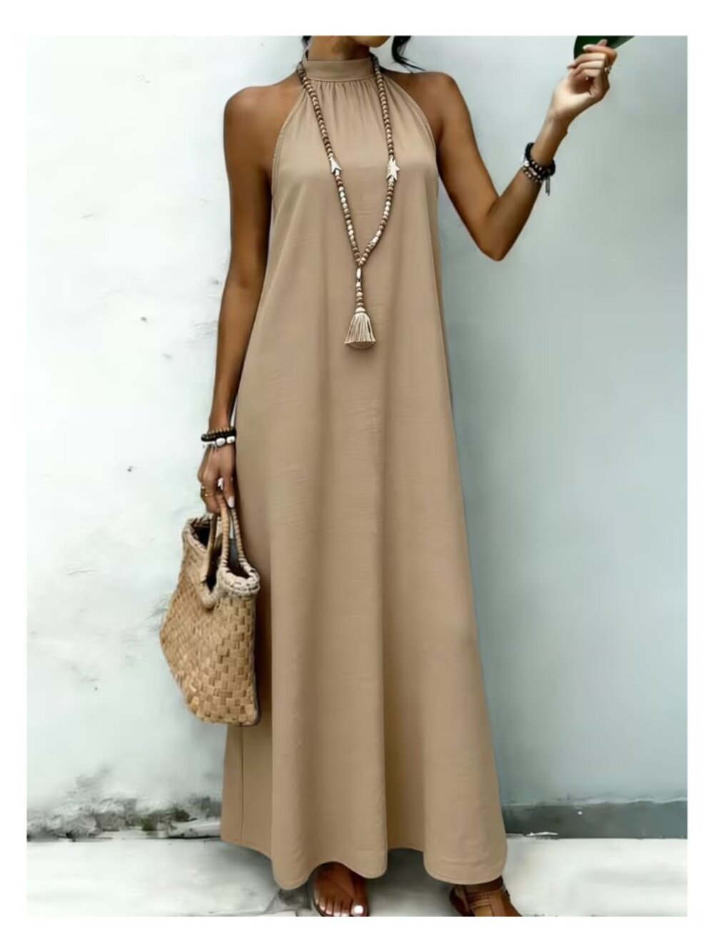 Sleeveless Halter Maxi Dress in Taupe